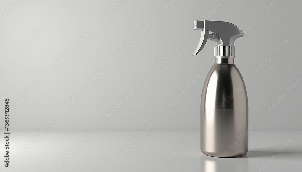 A metallic spray bottle sits on a reflective surface against a plain grey backdrop. Its sleek design and polished finish make it ideal for showcasing branding or product mockups A metallic spray bottle sits on a reflective surface against a plain grey backdrop. Its sleek design and polished finish make it ideal for showcasing branding or product mockups