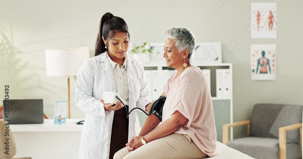 Obraz premium Test, consultation and doctor with mature patient for blood pressure exam, healthcare and care in nursing home office. Advice, support and senior woman with medical professional for check on health