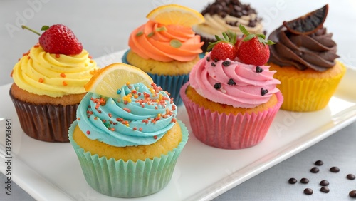 Colorful fruit-topped cupcakes with frosting  
