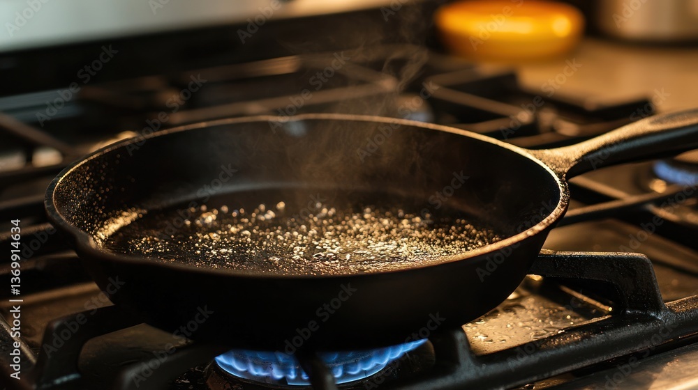 A cast iron pan sizzling with vegetables on a stovetop. A cast iron pan sizzling with vegetables on a stovetop.
