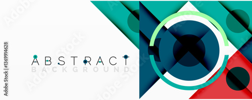 Abstract geometric composition with overlapping triangles, circles, and gradients, featuring a central circular design with text
