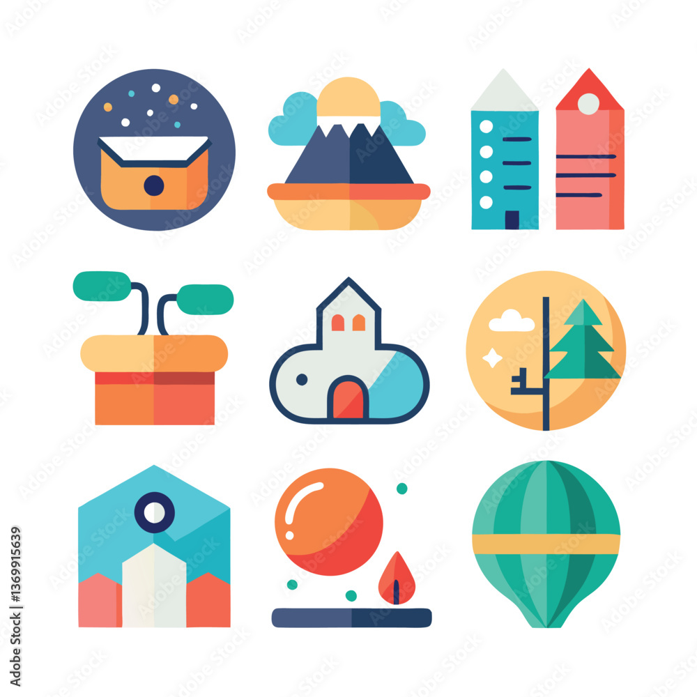 Flat vector real estate icon set featuring house, building, key, and map symbols for web and business design Flat vector real estate icon set featuring house, building, key, and map symbols for web and business design