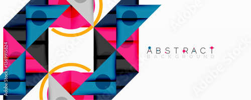 Geometric abstract design with layered triangles, circles, and gradients, forming a structured pattern with sharp contrasts and depth