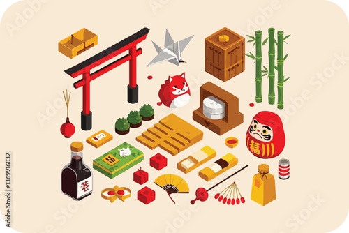 Isometric Japanese Culture Icon Set: Torii Gate, Daruma Doll, Origami, and Traditional Symbols