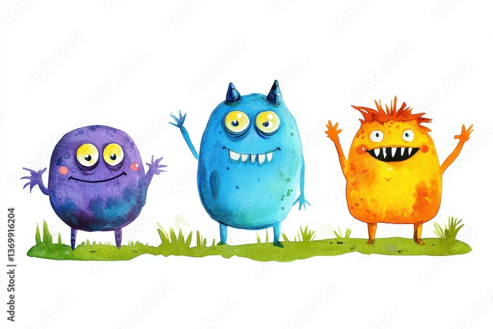 Fototapeta premium Playful Watercolor Monsters on Grass.