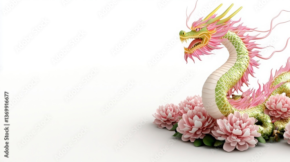 Obraz premium Green and Pink Chinese Dragon with Peonies on White Background