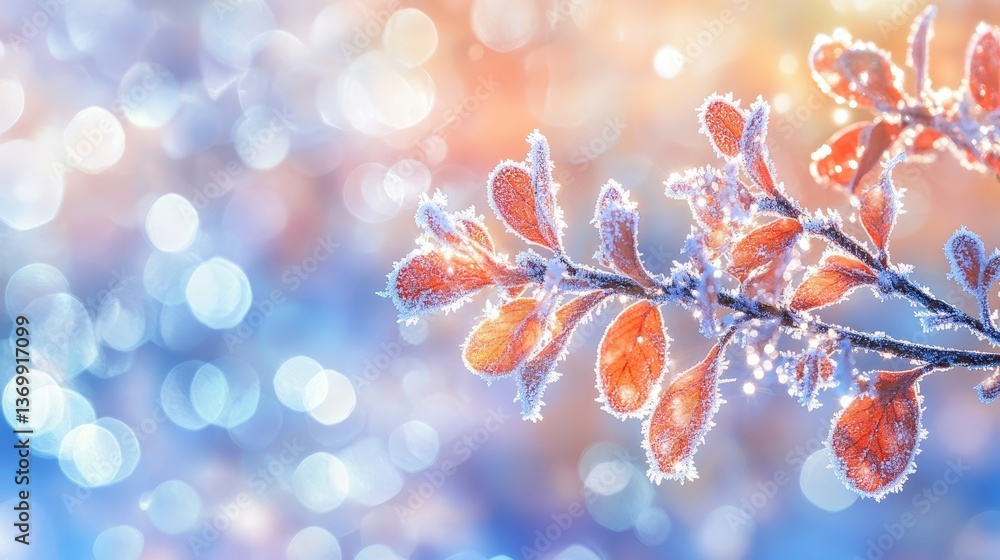 Fototapeta premium Orange Autumn Leaves with Frost, Bokeh Background, Vibrant Colors, Shallow Depth of Field