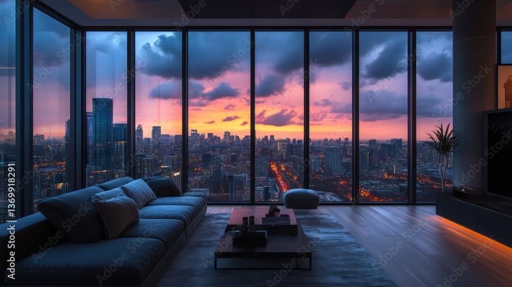 Modern penthouse living room with city sunset view Modern penthouse living room with city sunset view