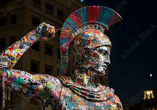 A Greek warrior statue covered in vibrant multicolored graffiti, blending classical sculpture with modern street art in an urban nighttime setting.

