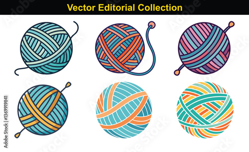 Vector Collection of Colorful Yarn Balls Illustrations, A set of vector illustrations featuring various colorful yarn balls with different patterns and textures.
