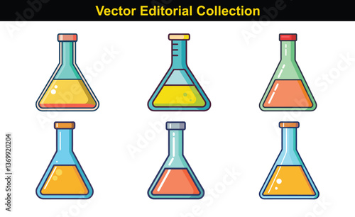 Vector Collection of Laboratory Flask Illustrations, A series of vector illustrations depicting laboratory flasks with colorful liquids in different shapes and sizes.
