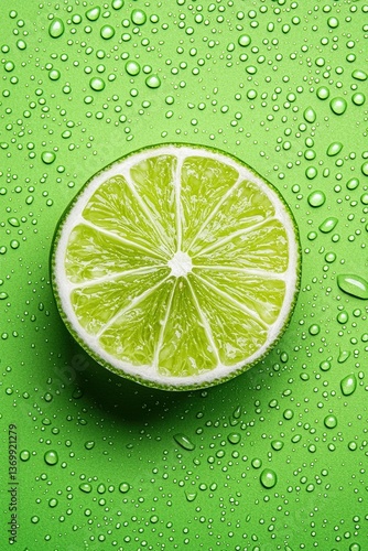 Fresh Lime Slice on Vibrant Green Background with Water Droplets