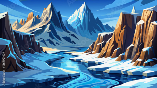 Snow Covered Mountain Cliffs with a frozen river below, Highly detailed illustration