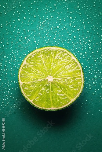 Fresh Green Lime Slice with Water Drops on Vibrant Background
