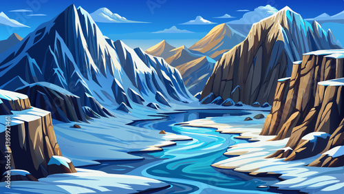 Snow Covered Mountain Cliffs with a frozen river below, Highly detailed illustration