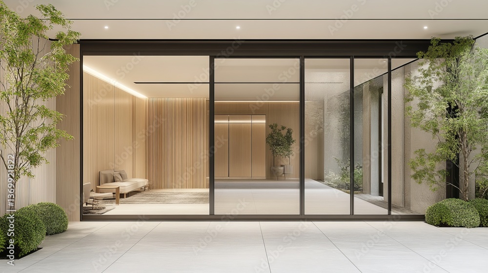 Fototapeta premium Modern Minimalist Home Interior With Garden View Through Sliding Glass Doors.Serene Atmosphere, Contemporary Design, And Natural Light.