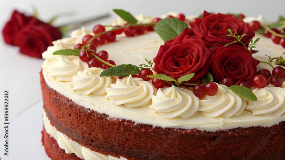 Red velvet cake with cream cheese frosting and rose petals
Red velvet cake with cream cheese frosting and rose petals
