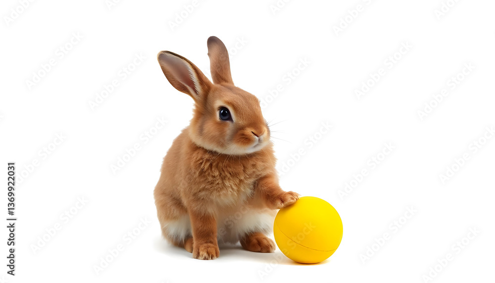 Obraz premium Adorable Brown Bunny with Yellow Ball on White Background
