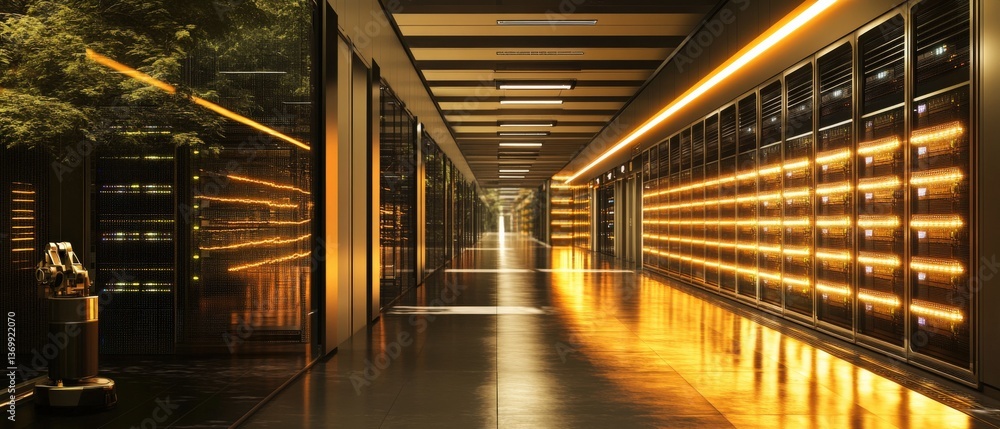 Obraz premium Illuminated data center corridor modern facility architectural photography futuristic environment wide angle technology concept