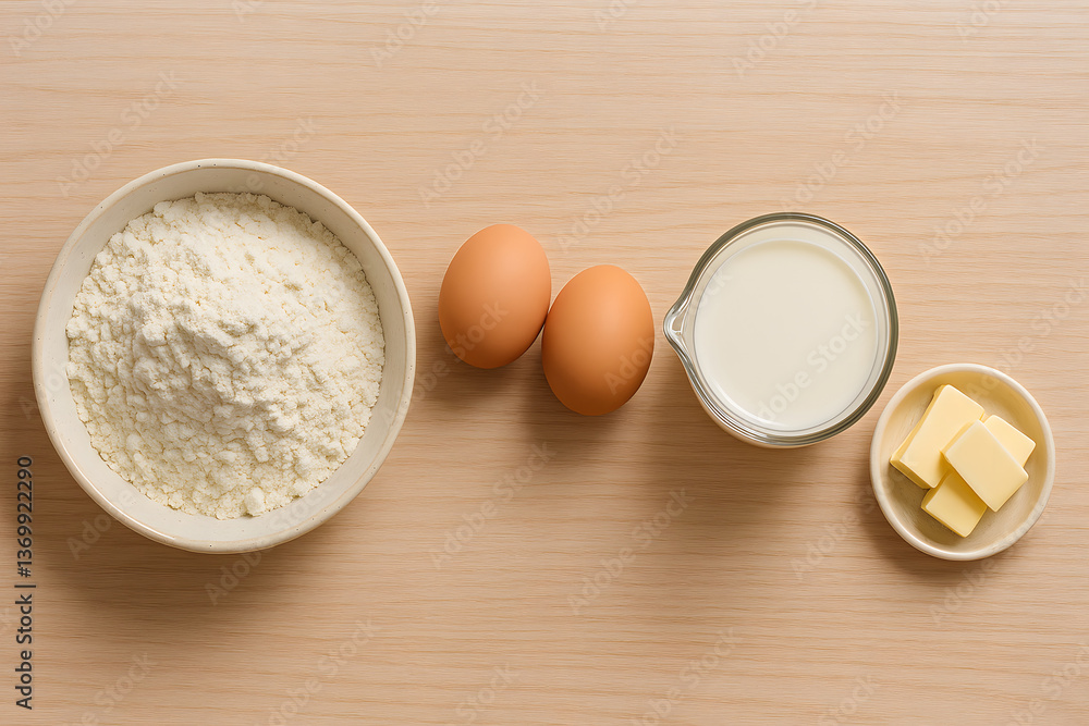 Pancake ingredients: flour, eggs, milk and butter on wooden table
Pancake ingredients: flour, eggs, milk and butter on wooden table