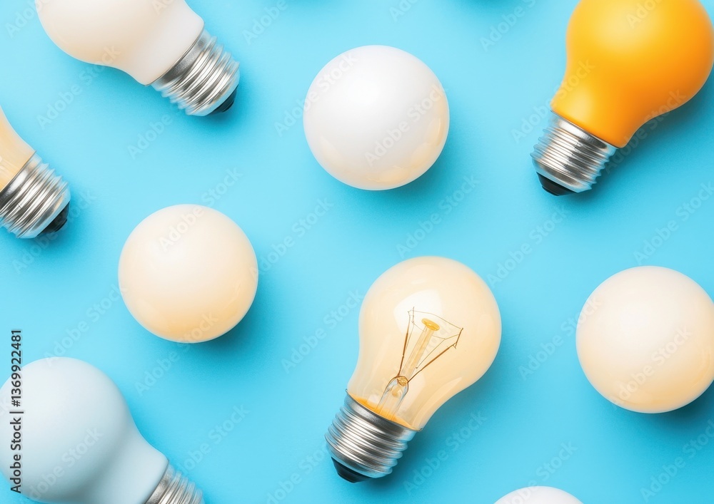 Colorful Light Bulbs and Spheres on Bright Blue Background Colorful Light Bulbs and Spheres on Bright Blue Background