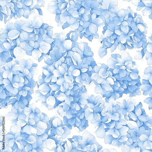 Soft watercolor blue hydrangeas create serene floral pattern, Minimalist Textile Seamless Pattern Background