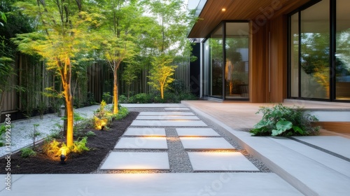Modern Japanese garden pathway.  Tranquil backyard design with paved pathway, landscaping, and lighting