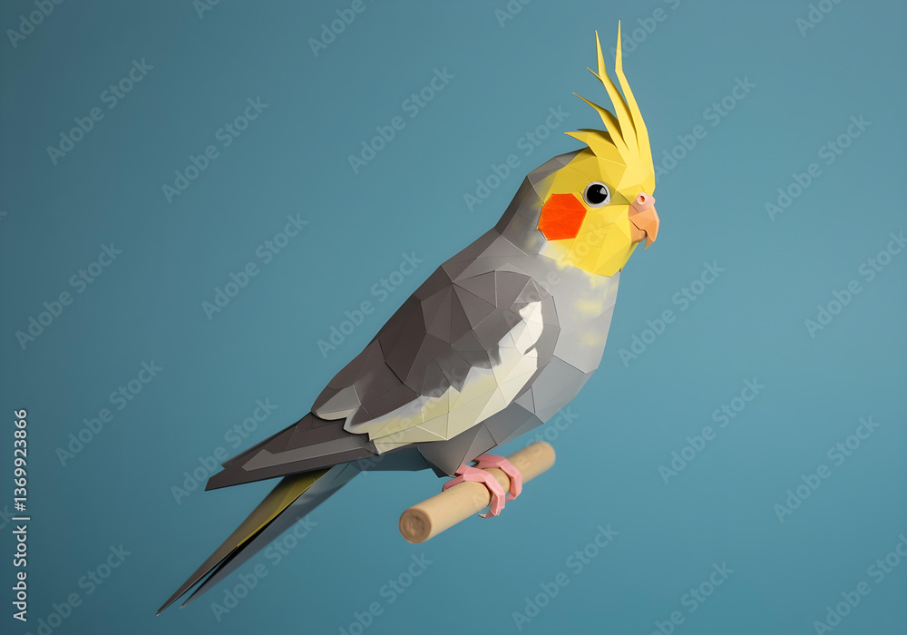Fototapeta premium A handcrafted paper sculpture of a Cockatiel perched on a stick in geometric low poly style.