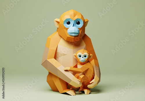 A handcrafted paper sculpture of a Golden Snub-Nosed Monkey and its baby in geometric low poly style.