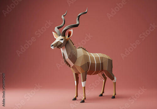 A handcrafted paper sculpture of a Greater Kudu in low poly style with a warm red background.