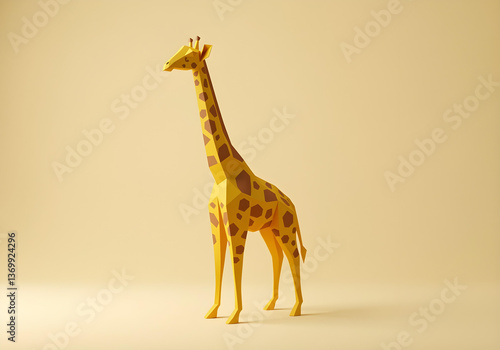 A handcrafted low poly paper sculpture of a giraffe standing on a light yellow pastel background.
