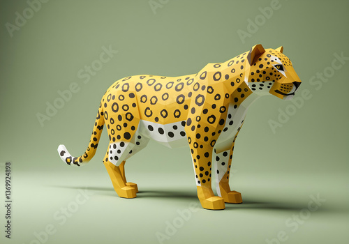A low poly paper sculpture of a spotted leopard standing on green background, showing wild elegance.