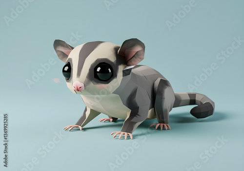 Low poly paper sculpture of a sugar glider with big eyes and curled tail on light blue background.