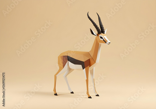 Low poly paper sculpture of a Thomson’s gazelle with curved horns on beige background, 3D artwork.