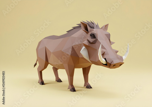 Low poly paper sculpture of a warthog with curved tusks on yellow background, creative 3D artwork.
