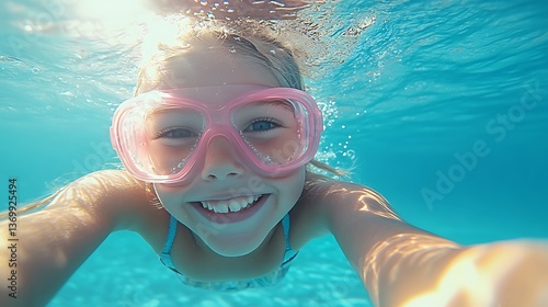 Child underwater selfie, ocean, clear water