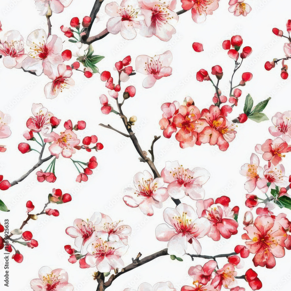 Cherry blossoms and red berries in watercolor style on white background, Minimalist Textile Seamless Pattern Background Cherry blossoms and red berries in watercolor style on white background, Minimalist Textile Seamless Pattern Background