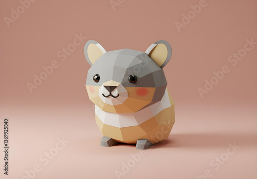 Low poly paper sculpture of a cute Ili Pika rodent with round shape on soft pink background.