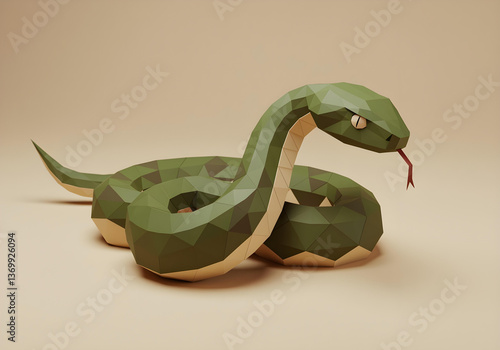 Low poly paper sculpture of a green snake with coiled body on beige background, creative 3D artwork.
