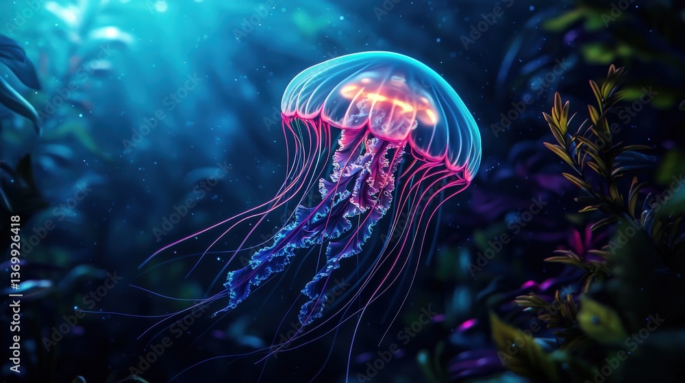 A glowing jellyfish floats gracefully in an underwater scene, surrounded by vibrant sea plants and illuminated by ethereal light. A glowing jellyfish floats gracefully in an underwater scene, surrounded by vibrant sea plants and illuminated by ethereal light.