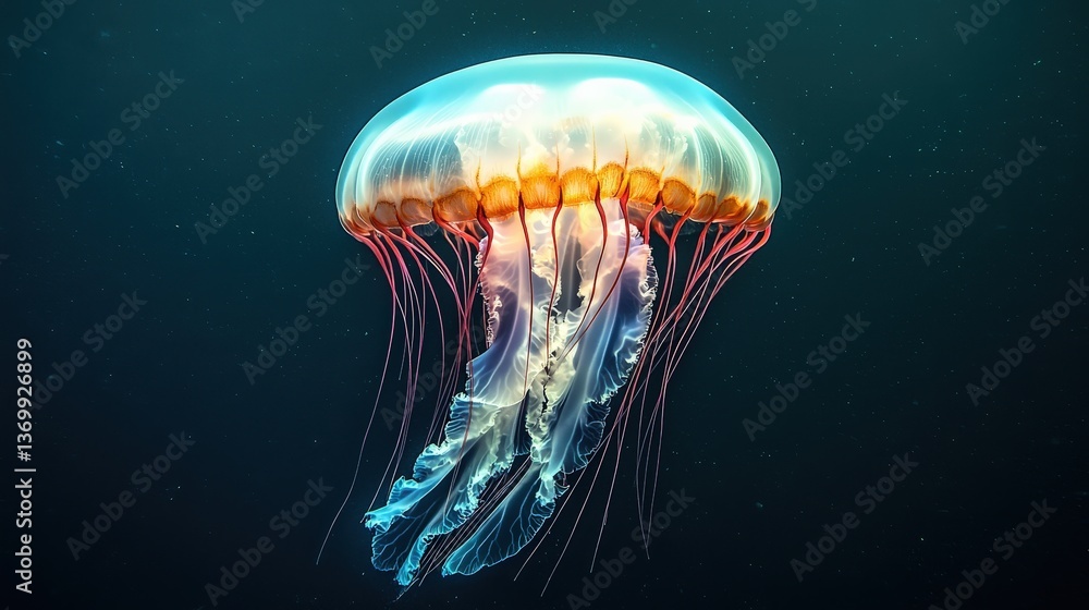 A luminous jellyfish floats gracefully in the deep ocean, showcasing vibrant colors and delicate tentacles in a serene underwater environment. A luminous jellyfish floats gracefully in the deep ocean, showcasing vibrant colors and delicate tentacles in a serene underwater environment.