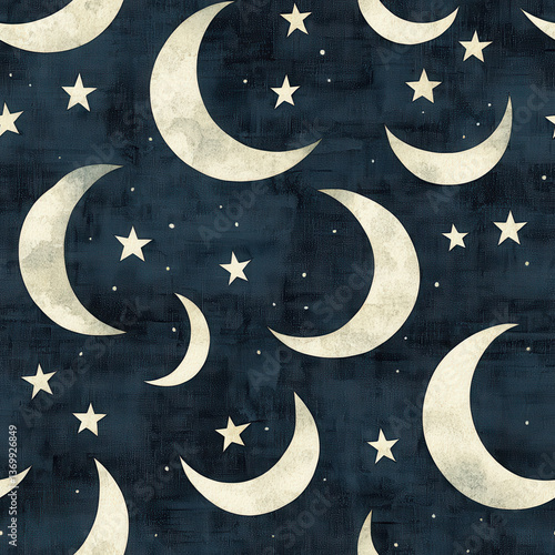 Crescent moon and star pattern with dark textured background, Minimalist Textile Seamless Pattern Background