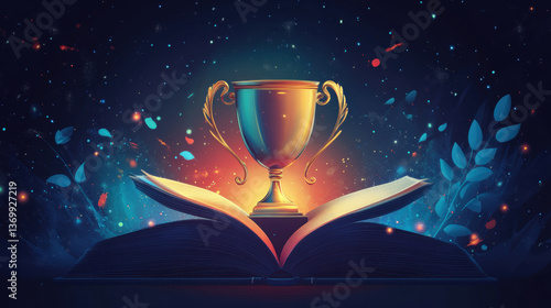 A glowing trophy cup emerging from an open book with a magical, starry background