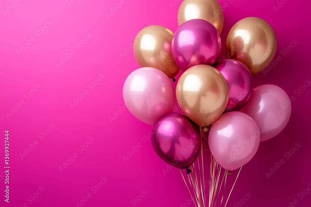 Bunch of shiny pink and golden balloons on magenta background. Card for 30 years anniversary for birthday, wedding or other events. Festive pink background with copy space. Generative AI Bunch of shiny pink and golden balloons on magenta background. Card for 30 years anniversary for birthday, wedding or other events. Festive pink background with copy space. Generative AI