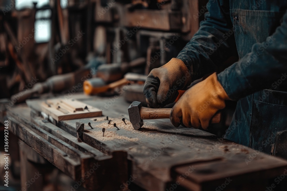 Artisan hammering nails into wood in workshop Artisan hammering nails into wood in workshop