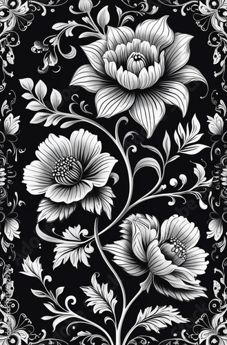 Floral pattern. Wallpaper baroque, damask. Seamless vector background. Black and white ornament. 
Created using generative AI tools