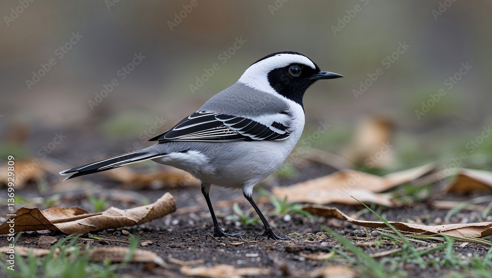 White browed woodswallow perching on the ground in natural habitat White browed woodswallow perching on the ground in natural habitat