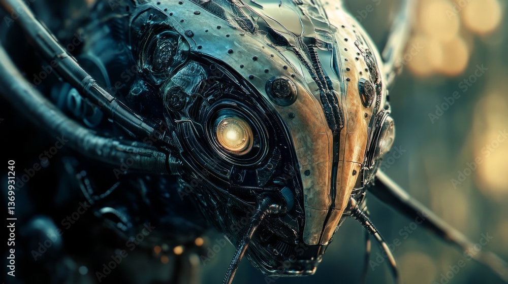 Fototapeta premium Mechanical Insect With Glowing Eye, A Fusion Of Nature And Technology.