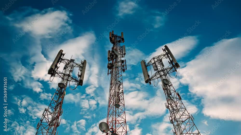 Three tall communication towers reach toward the sky, framed by a vivid display of blue and white clouds, highlighting their importance in modern connectivity. Three tall communication towers reach toward the sky, framed by a vivid display of blue and white clouds, highlighting their importance in modern connectivity.