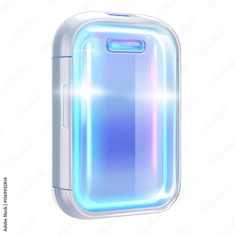 Realistic depiction of portable UV smartphone sanitizer case, modern compact design, isolated transparent PNG, clearly labeled English text. Realistic depiction of portable UV smartphone sanitizer case, modern compact design, isolated transparent PNG, clearly labeled English text.